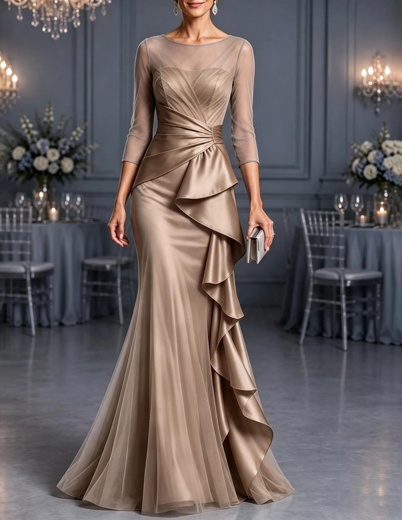 3/4 Sleeve Ruched Tulle and Satin Evening Gown With Cascading Ruffles