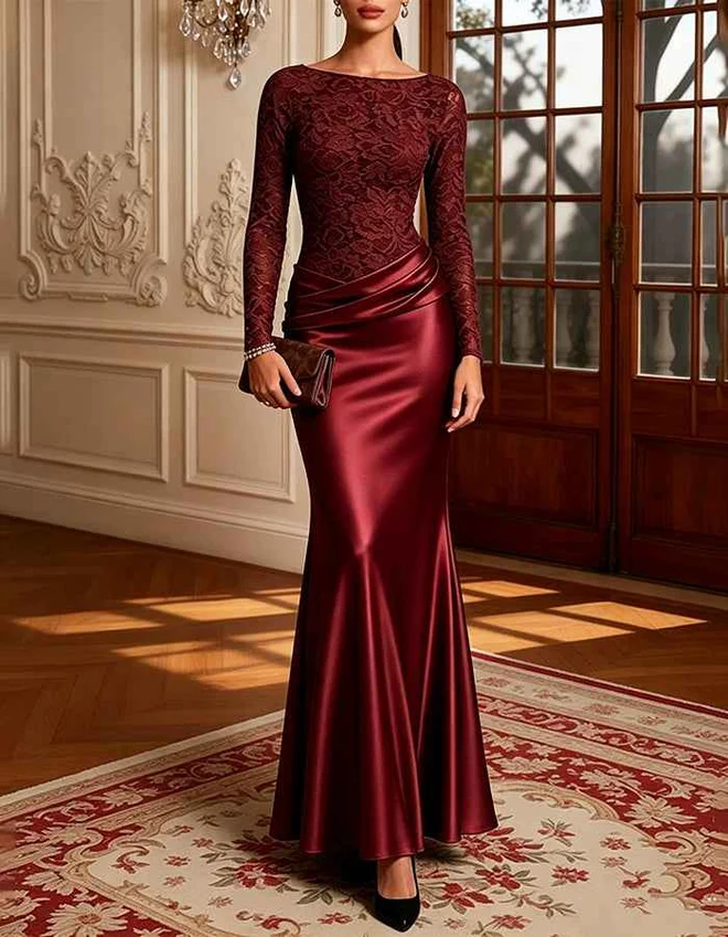 Lace Bodice Long Sleeve Satin Evening Gown