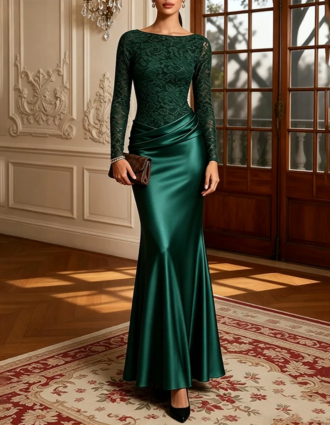 Lace Bodice Long Sleeve Satin Evening Gown