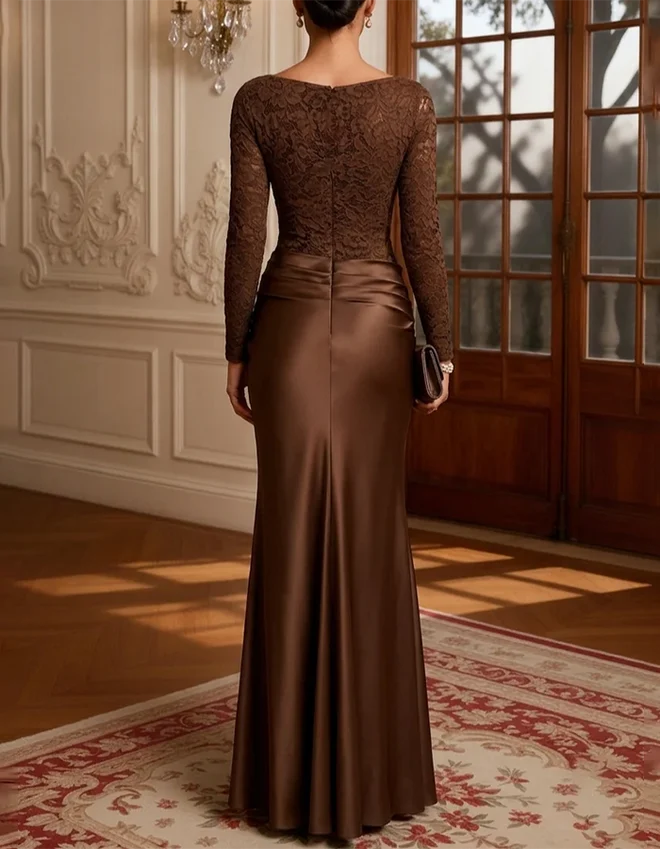 Lace Bodice Long Sleeve Satin Evening Gown
