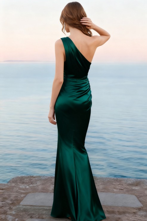 Emerald Green Formal Dress Mermaid One Shoulder Satin Maxi Dress