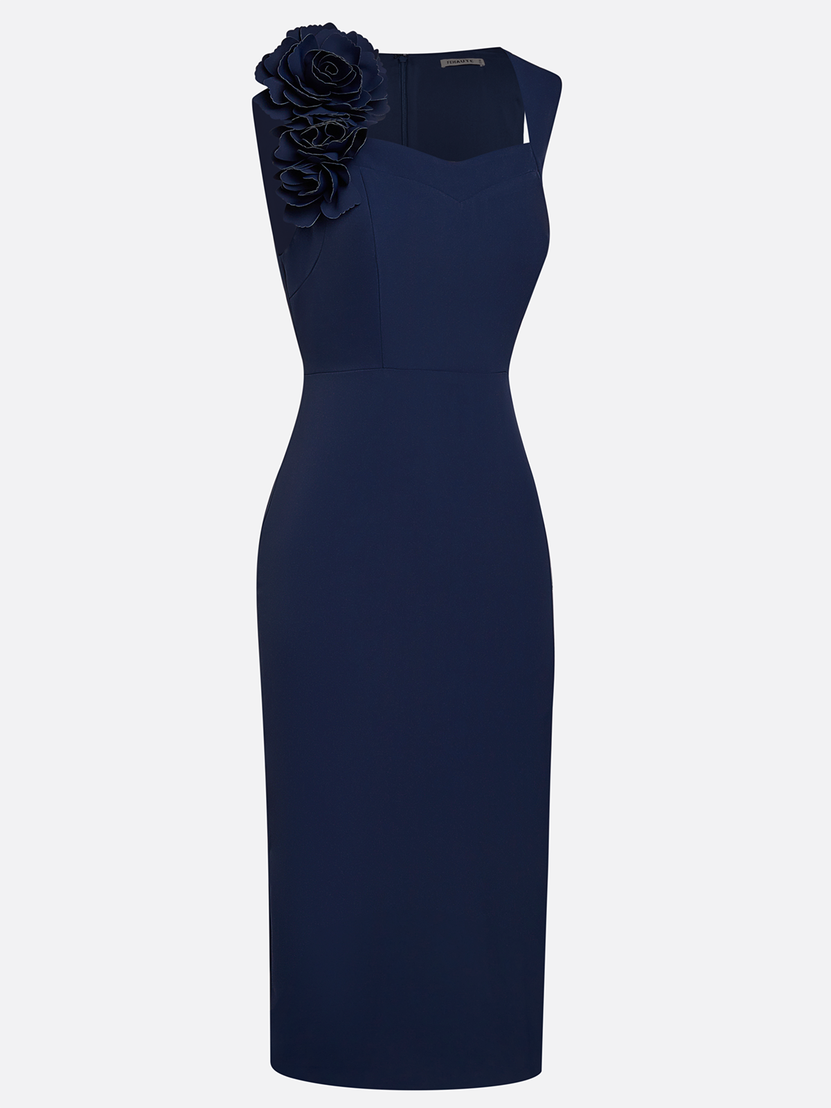 Blue 3D Floral Classic Sweetheart Neckline Sleeveless Sheath Midi Dress