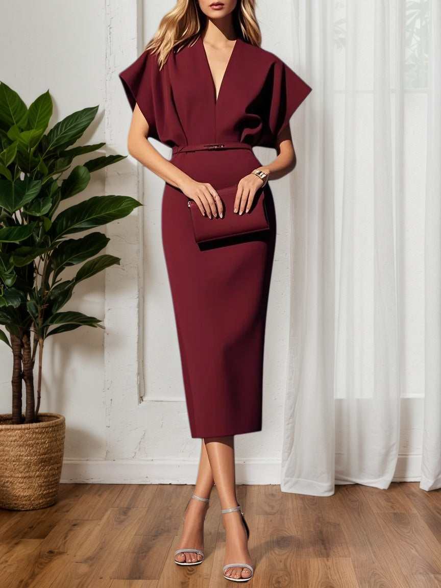 Light Blue Classic V Neck Short Sleeve Dolman Sleeve Sheath Midi Dress