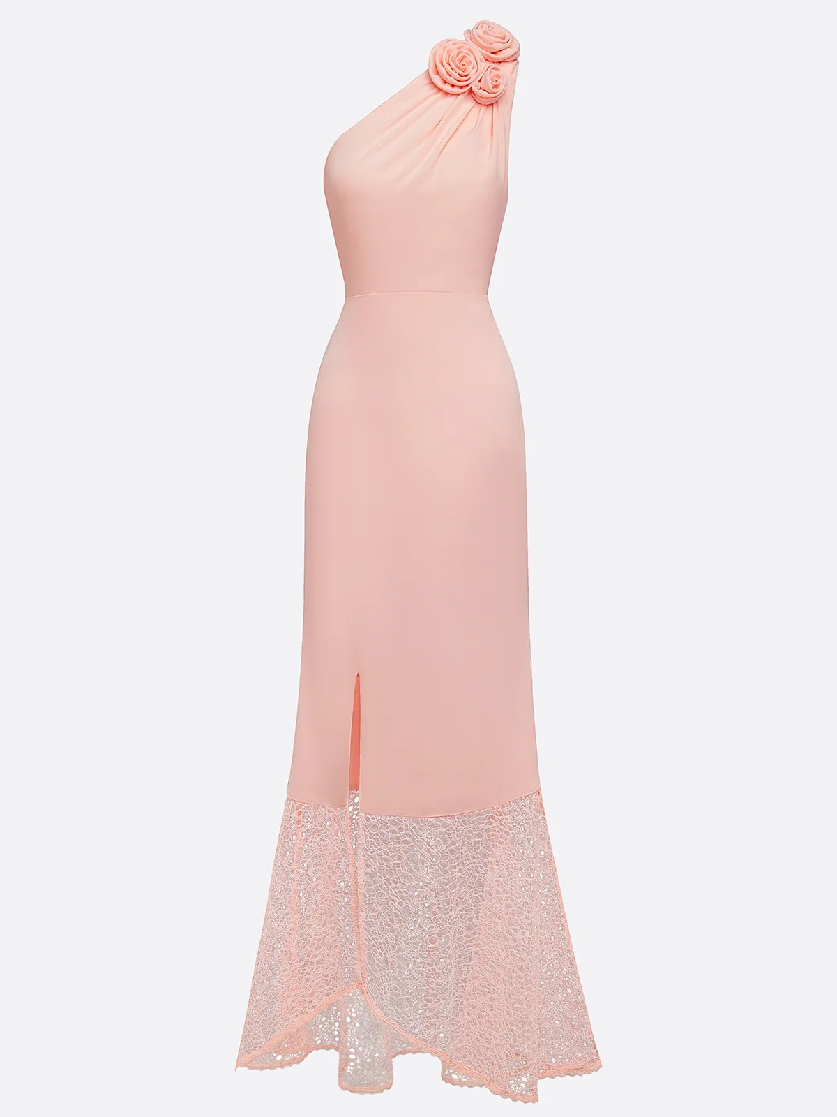 Pink 3D Floral Lace Classic One Shoulder Sleeveless Mermaid Gown Dress