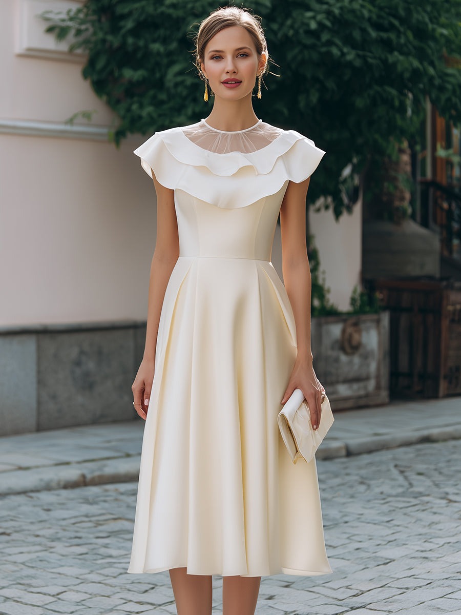 Ivory Ruffled Neckline Cap-Sleeve A-Line Midi Dress