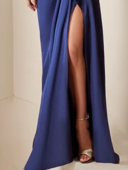 Navy Blue Cut Out Ruched Long Sleeve Slit A-Line Gown Maxi Dress