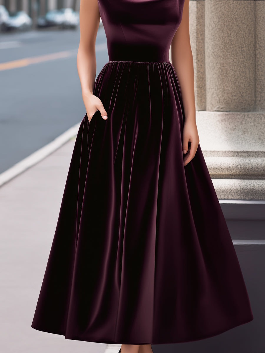Burgundy Velvet Boat-Neck Sleeveless A-Line Evening Gown