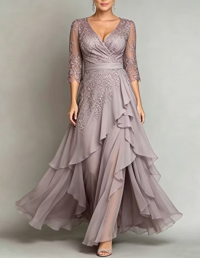 V-Neck Half Sleeve Lace Chiffon Evening Gown