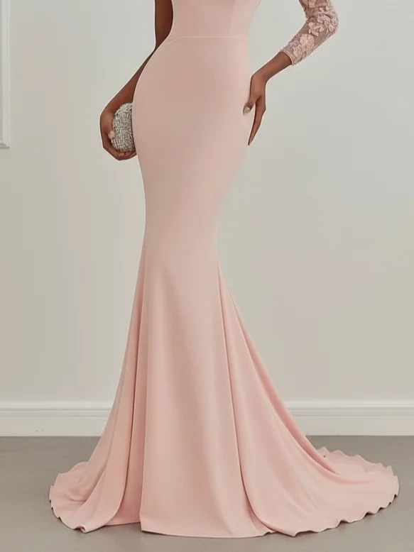 Pink Lace Classic One Shoulder Long Sleeve Mermaid Gown Dress