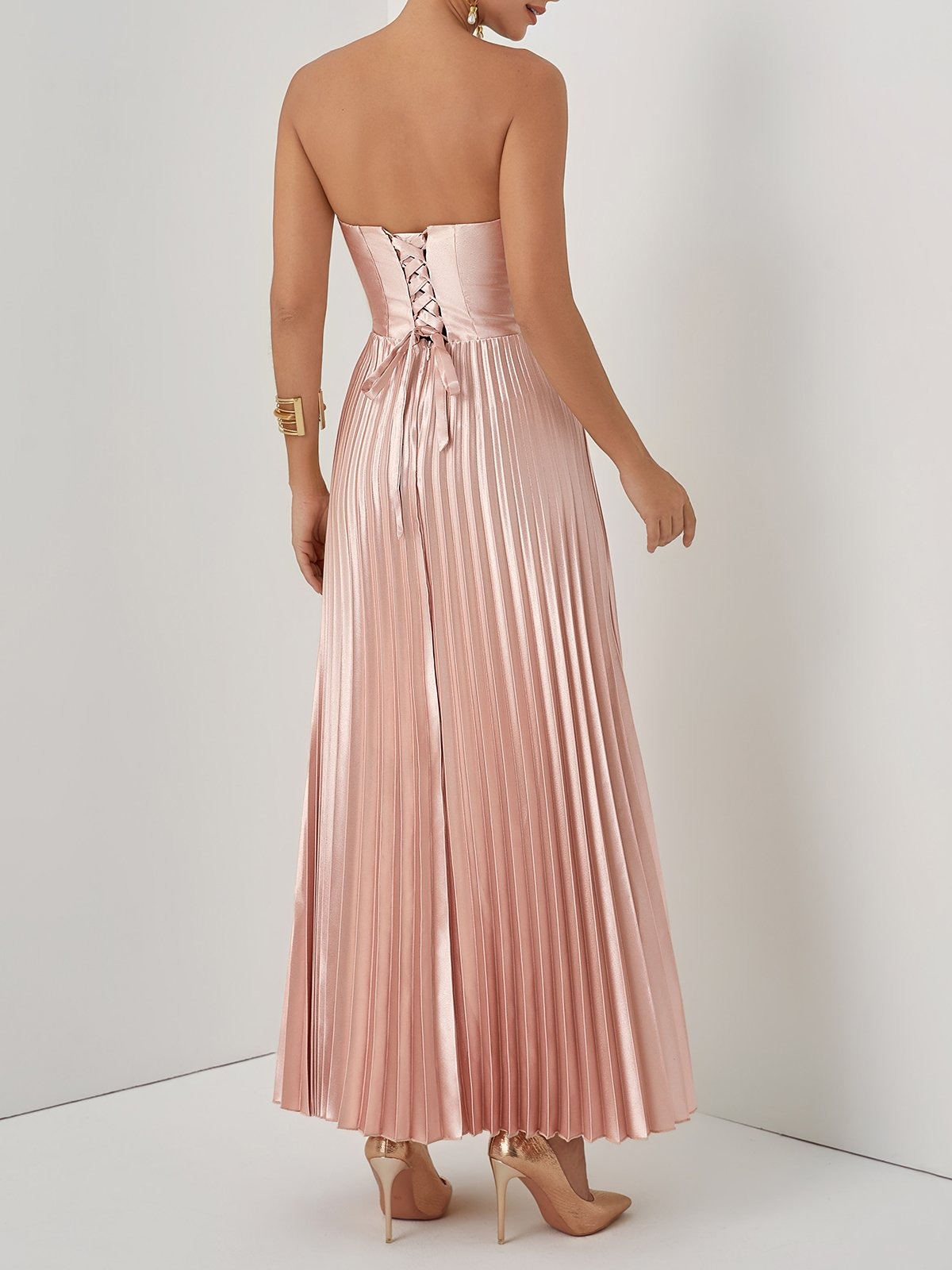 Rose Gold Pleated Satin Strapless Sleeveless A-Line Midi Dress