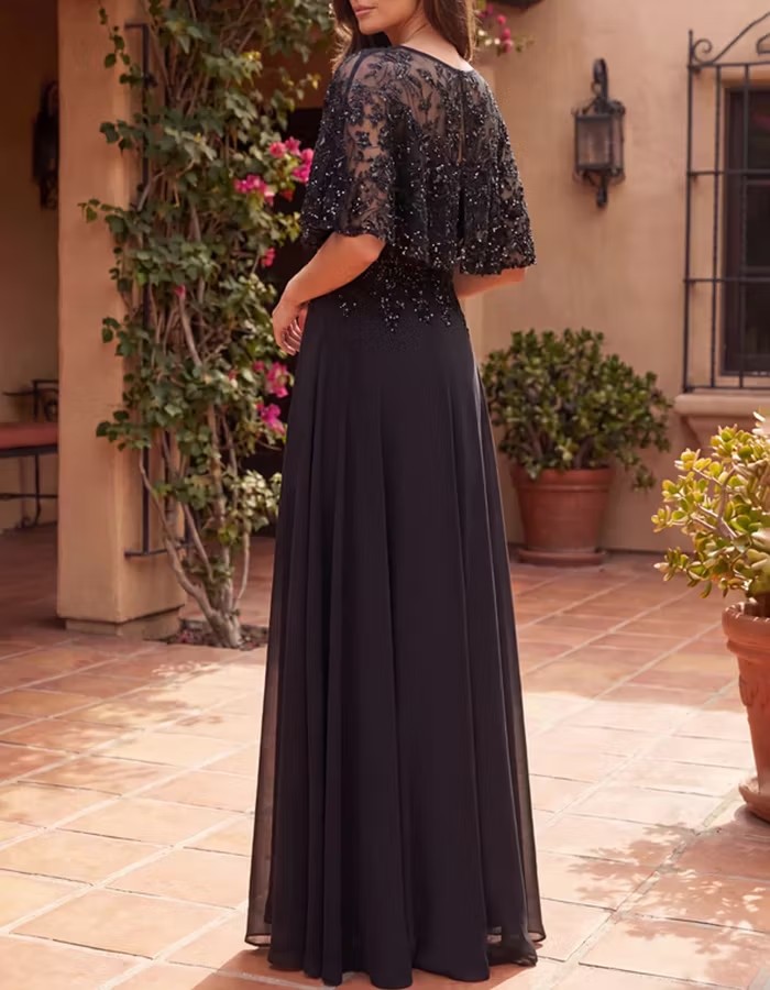 Sequin Floral Embroidered Capelet Chiffon Maxi Dress