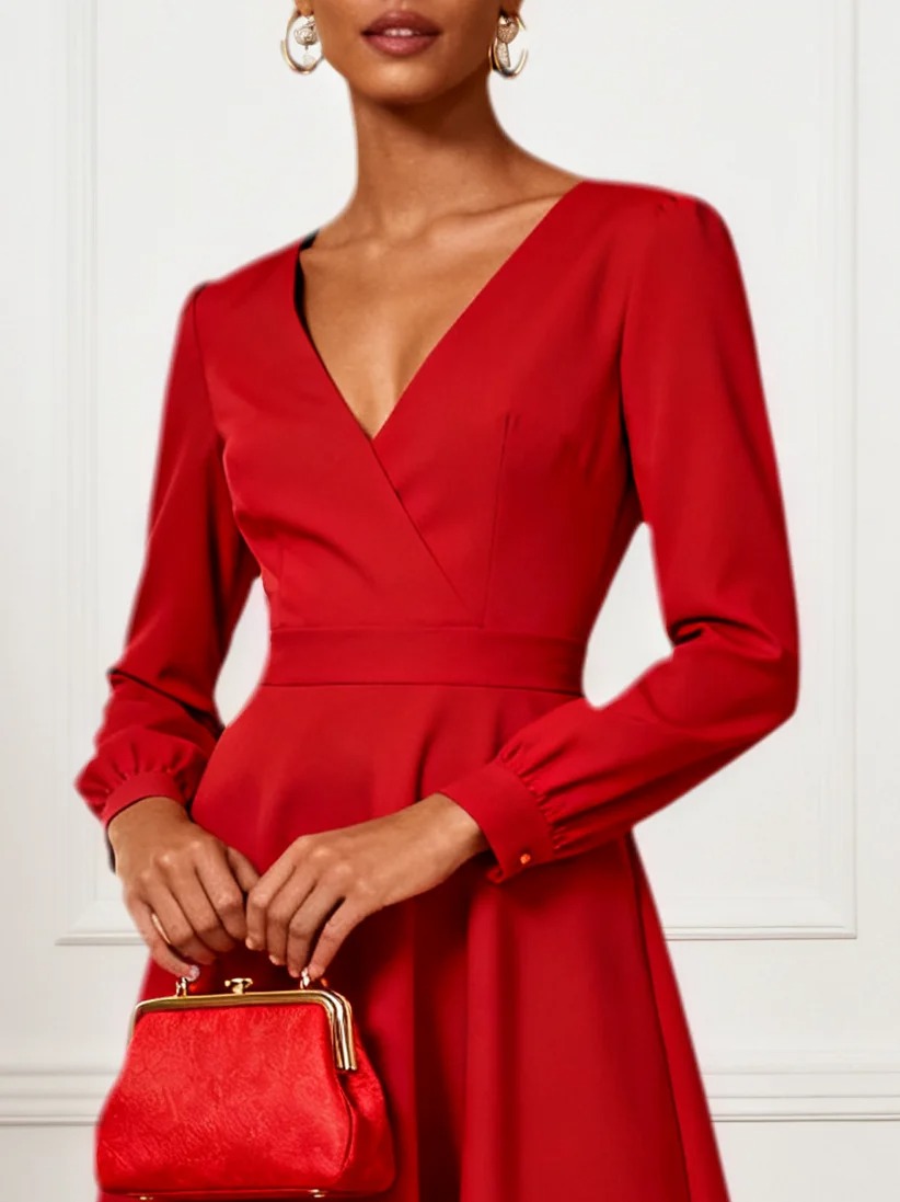 Red 3D Floral Classic V Neck Long Sleeve A-Line Midi Dress