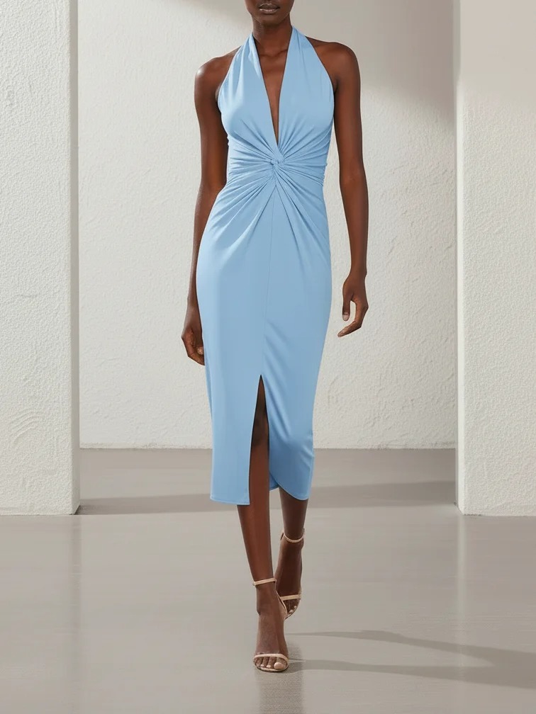 Blue Ruched Knit Halter Sleeveless Bodycon Midi Dress