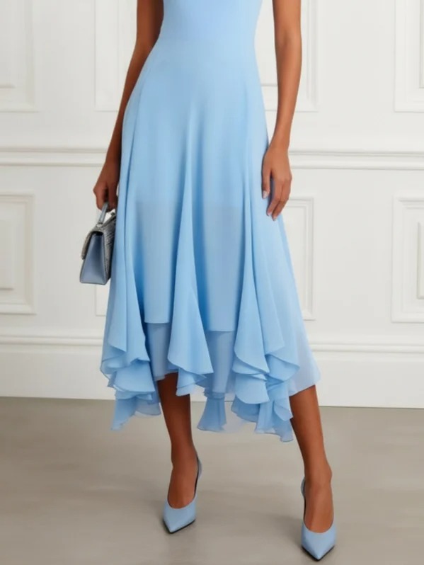 Light Blue Asymmetric Chiffon Boat Neck Sleeveless A-Line Midi Dress