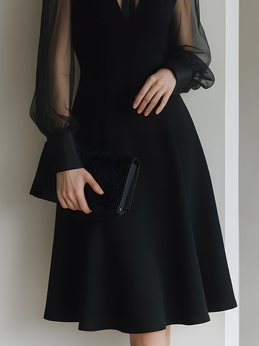 Black Sheer Sleeve Collared A-Line Midi Dress