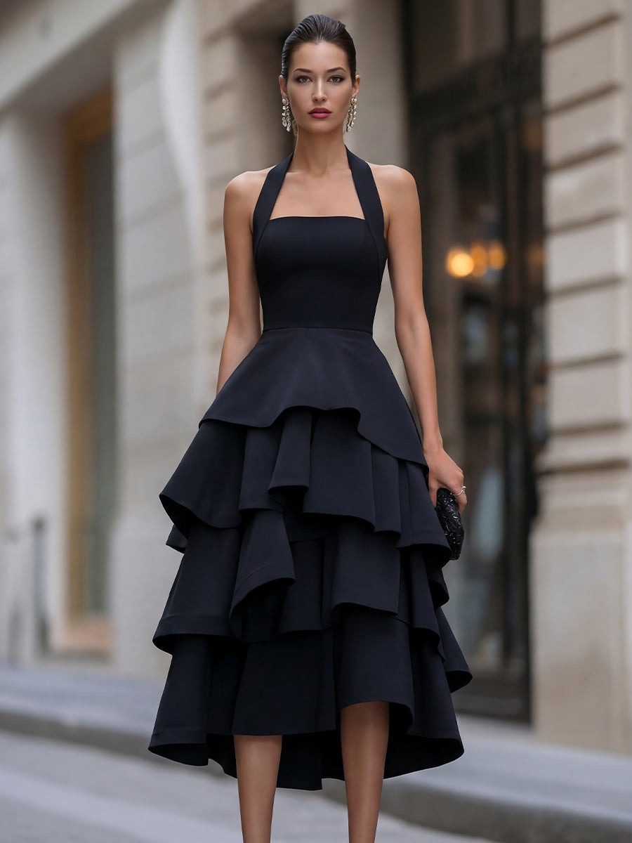 Black Halter-Neck Tiered Ruffle Midi Dress