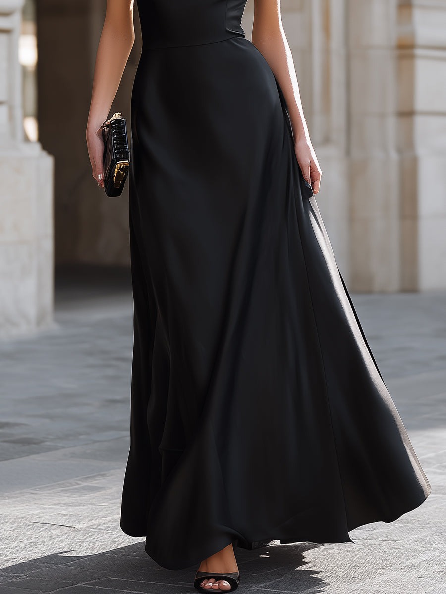 Black One-Shoulder Draped High-Neck Maxi Dress