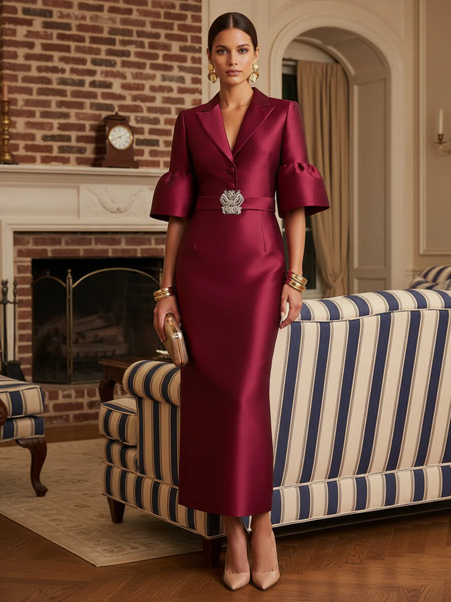 Sheath Satin Tea-Length Mother of the Bride & Groom Dresses with 3/4 Bell Sleeves & Crystal Embellished Belt