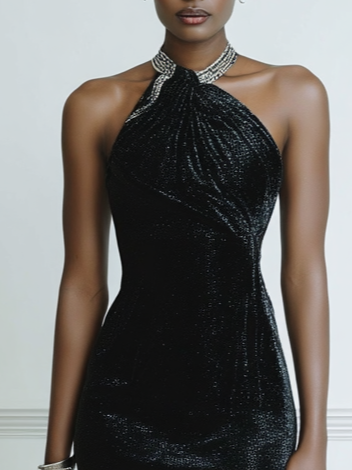 Black Flash Rhinestone Classic Halter Sleeveless Mermaid Maxi Dress