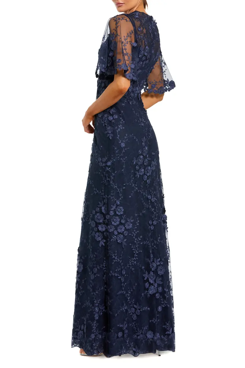 Elegant Floral Embroidered Evening Gown with Flutter Sleeves