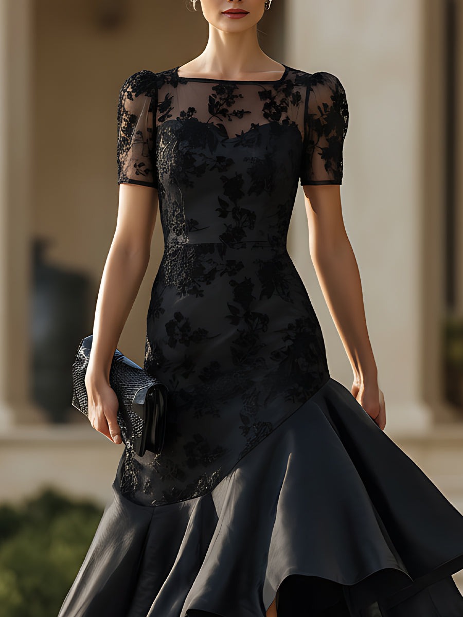 Black Sheer Neckline High-Low Midi Dress With Sculpted Silhouette