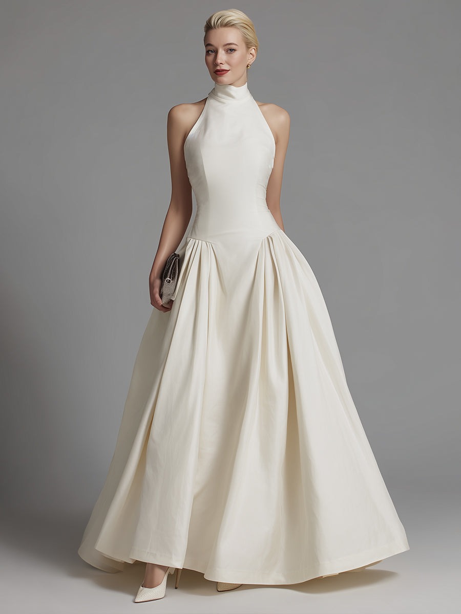 White Halter Neck Fit-and-Flare Maxi Dress With Structured Pleated Skirt
