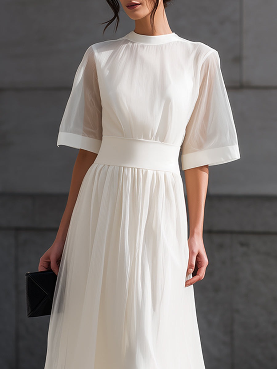 White Sheer Sleeve Waist-Defined Midi Dress