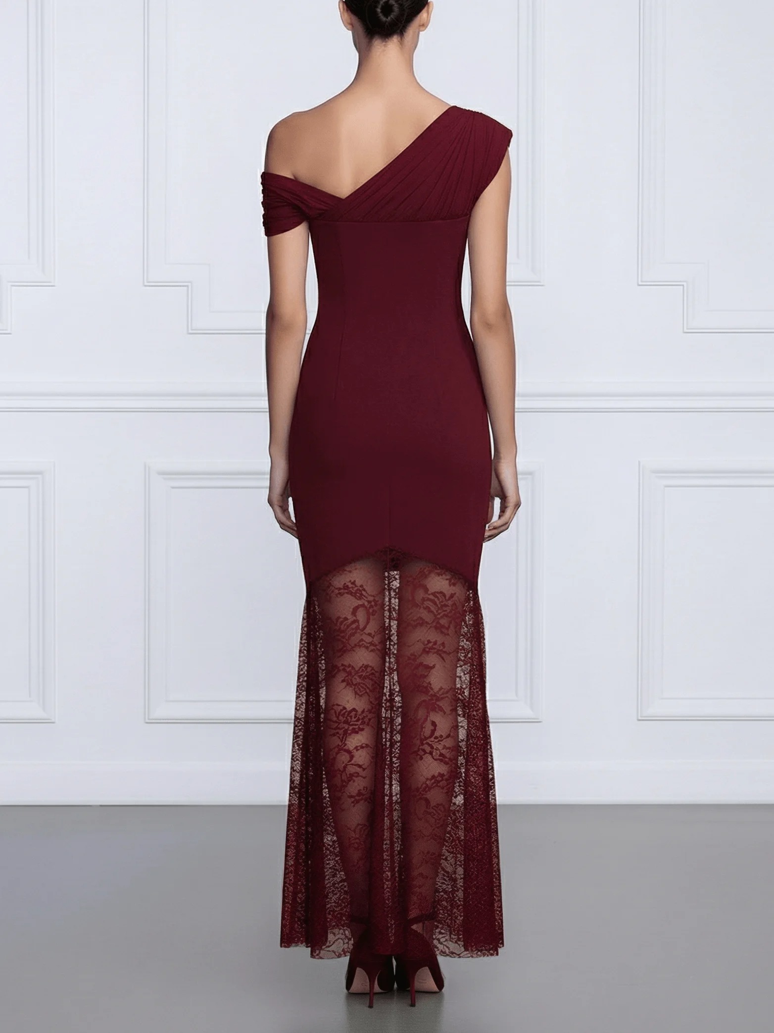 Burgundy Lace Ruched Knit Asymmetrical Sleeveless Bodycon Maxi Dress