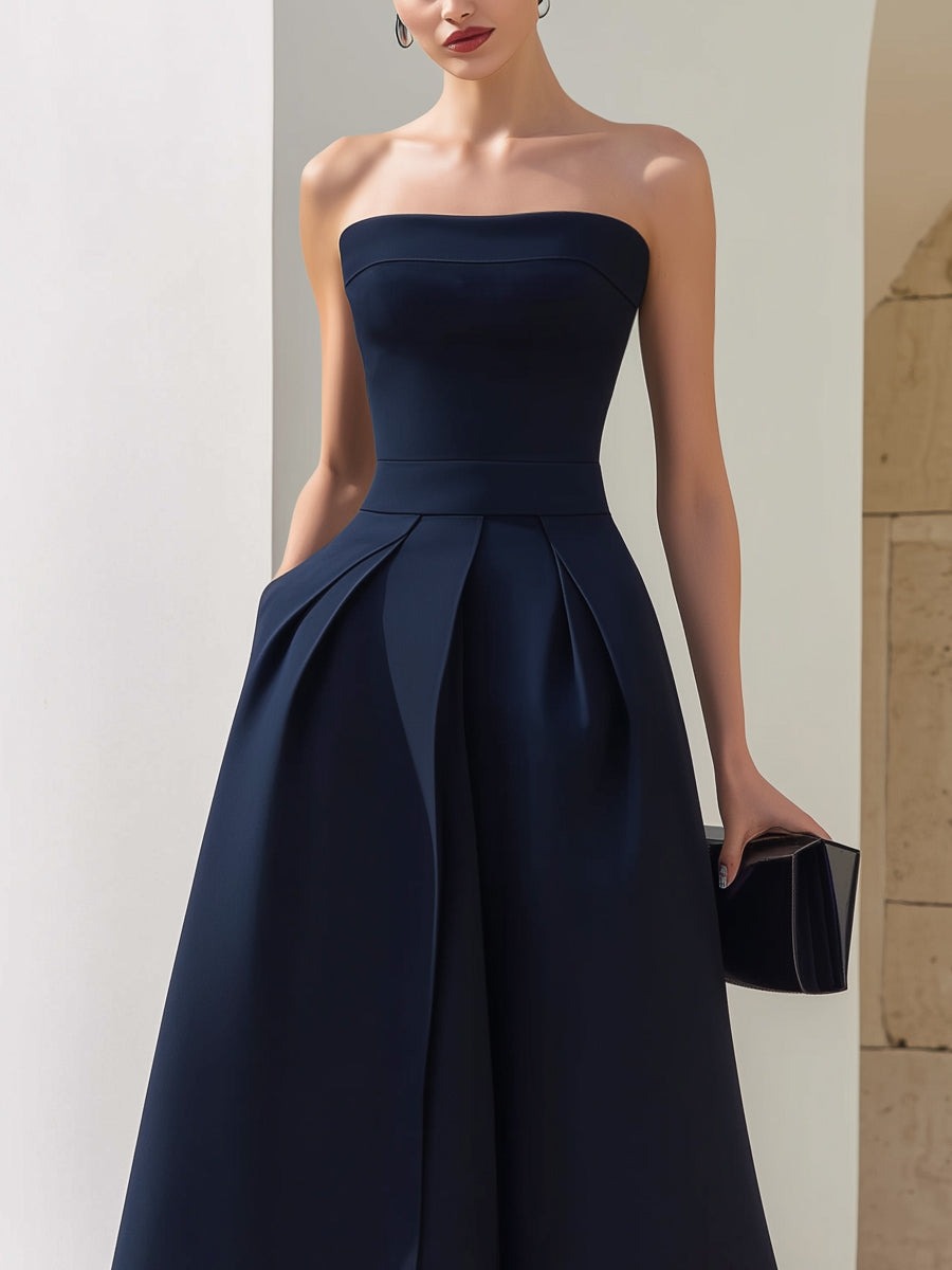 Navy Blue Strapless Structured A-Line Pleated Midi Dress