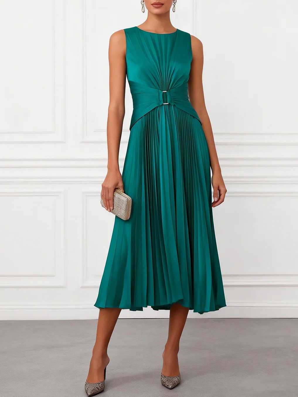 Green Pleated Satin Boat Neck Sleeveless A-Line Midi Dress