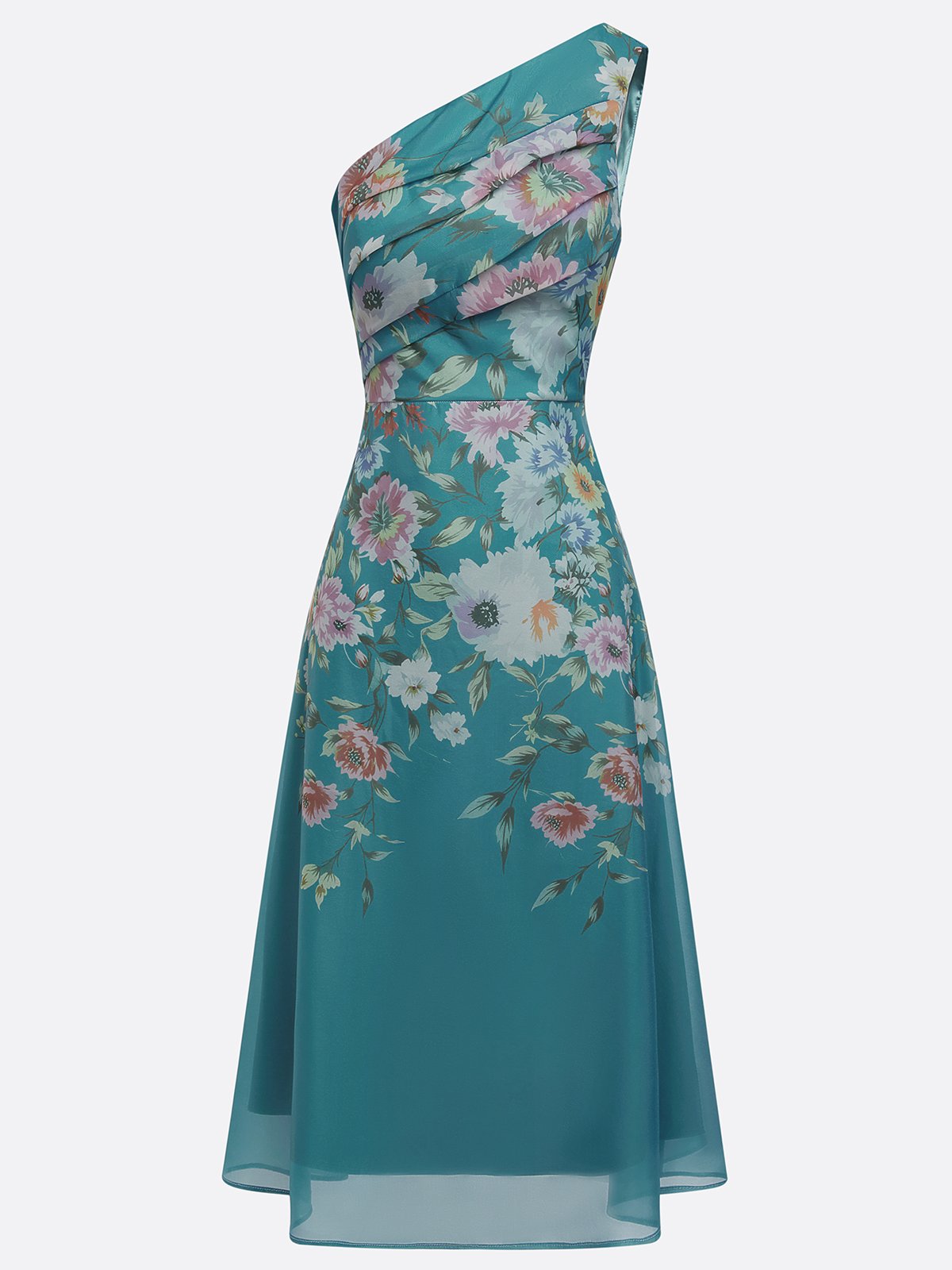 One-Shoulder Floral Print Pleated Midi Dress