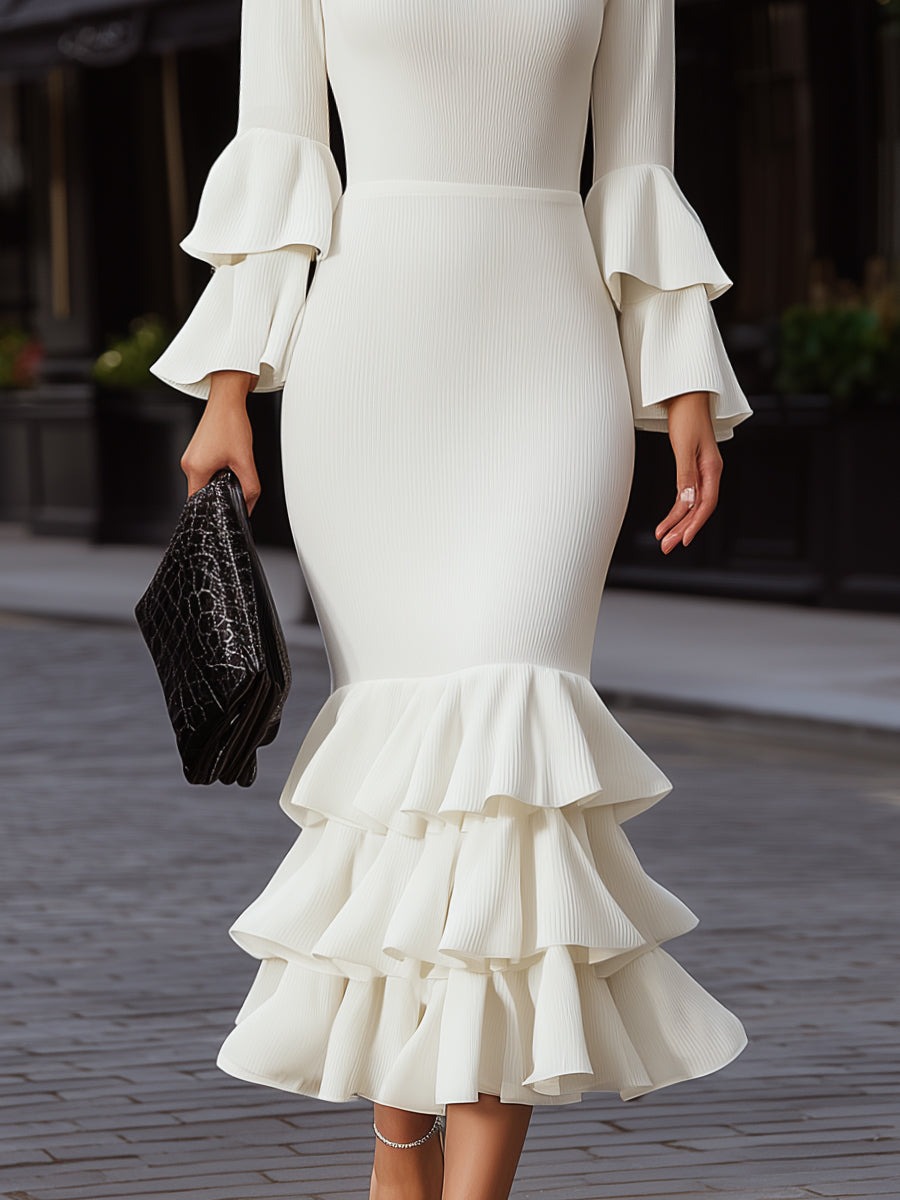 White Tiered Ruffle Hem Ribbed Midi Dress