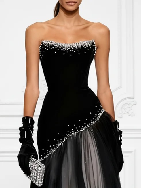 Black Hot Drilling Classic Mesh Strapless Sleeveless A-Line Gown Dress