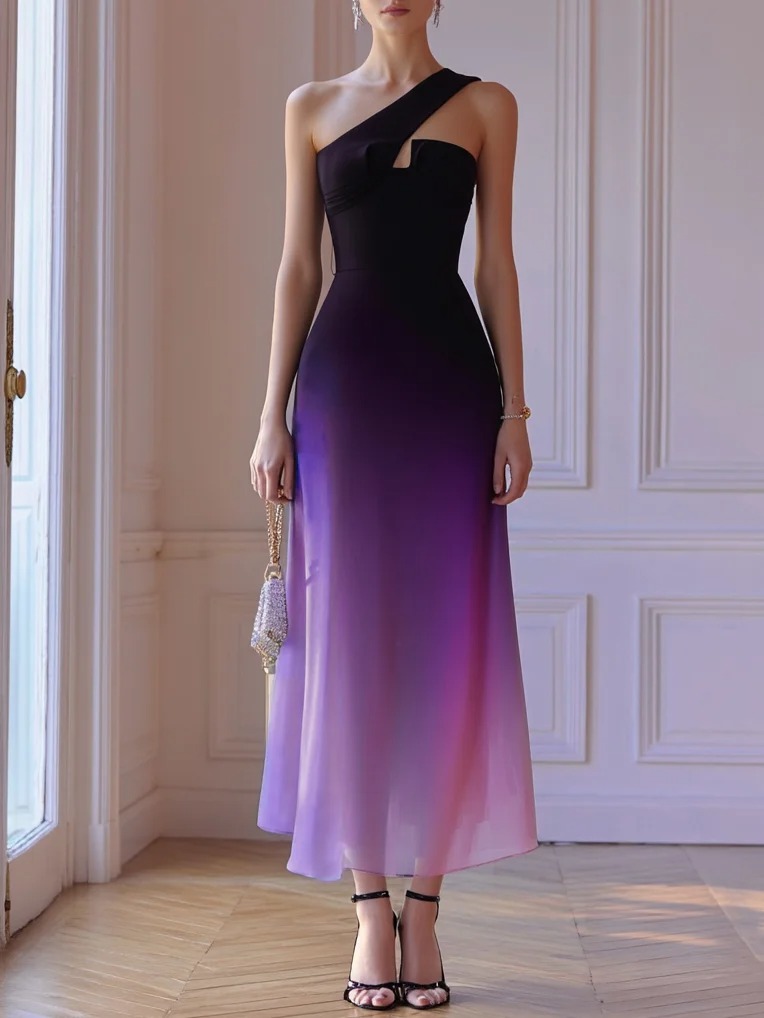 Purple Chiffon Ombre One Shoulder Sleeveless A-Line Maxi Dress