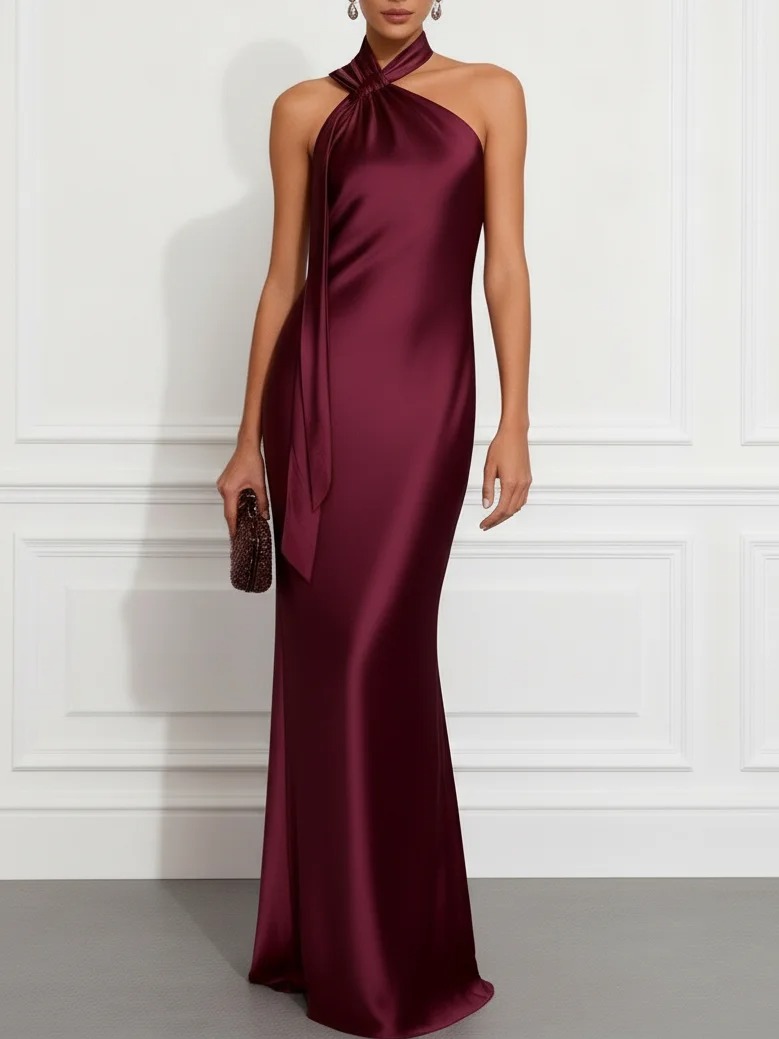Burgundy Knot Front Satin Halter Sleeveless Sheath Gown Dress