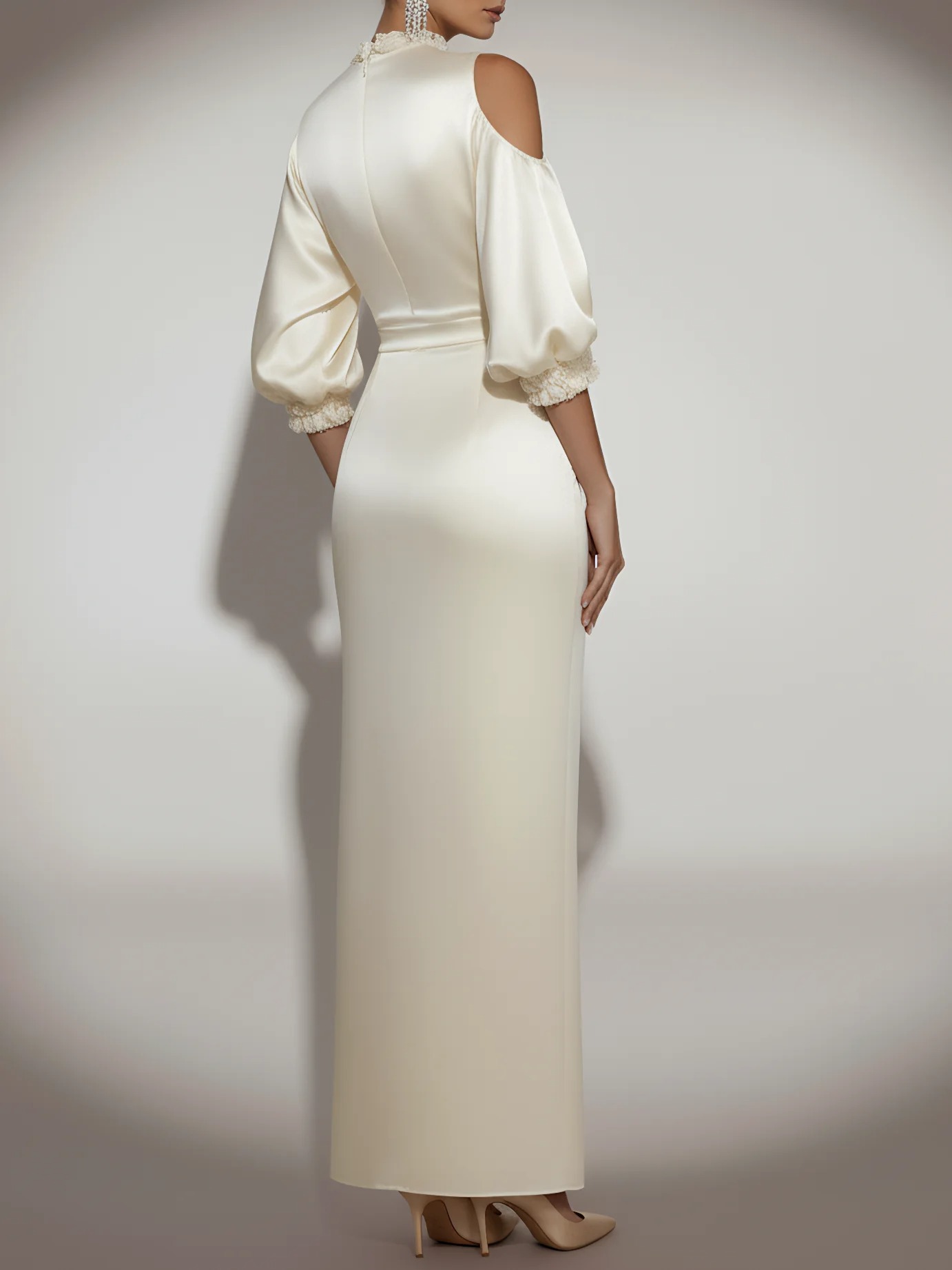 Beige 3D Floral Classic Asymmetrical Half Sleeve Balloon Sleeve Sheath Maxi Dress