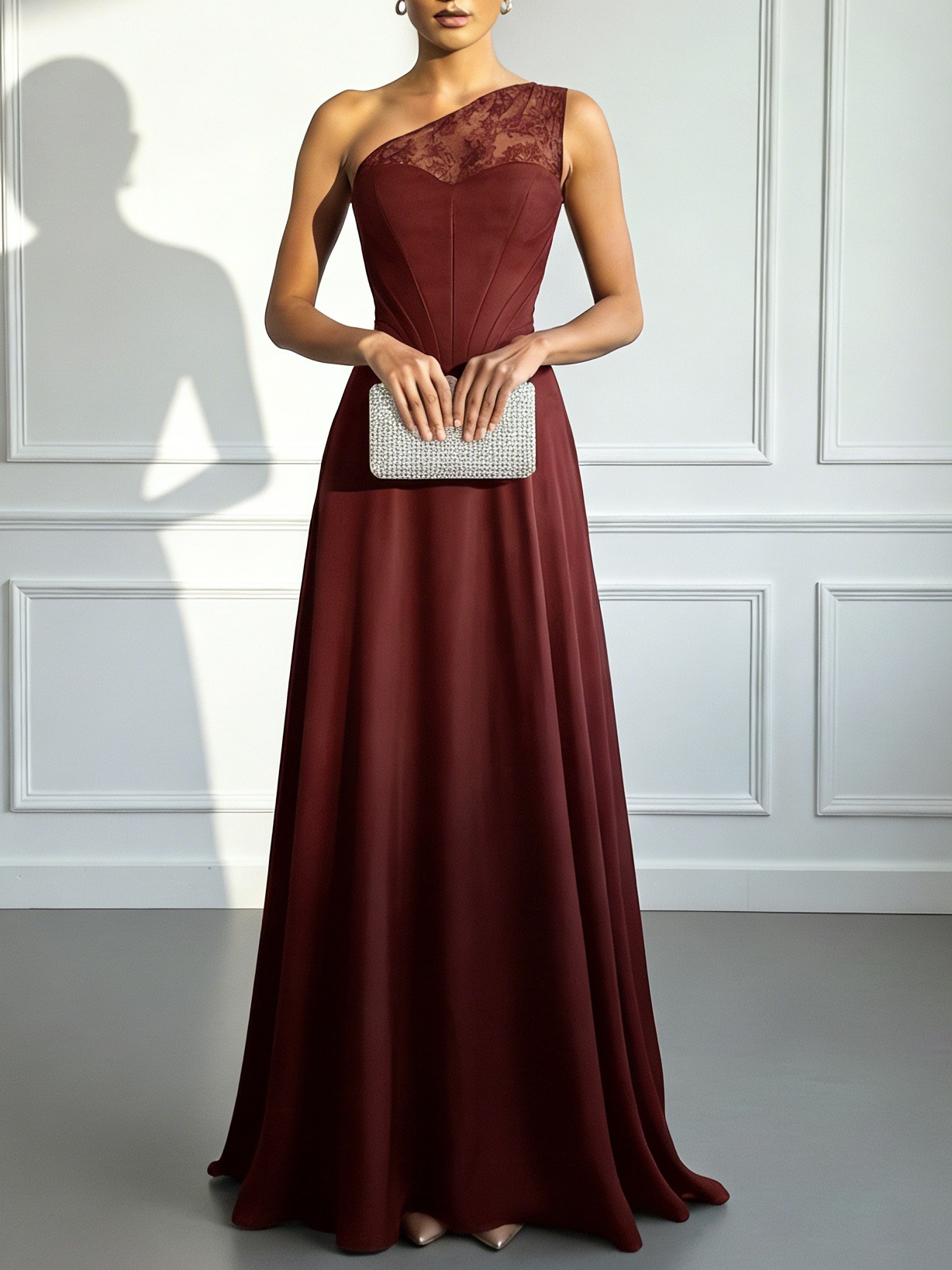 Burgundy Satin One Shoulder Sleeveless A-Line Maxi Dress