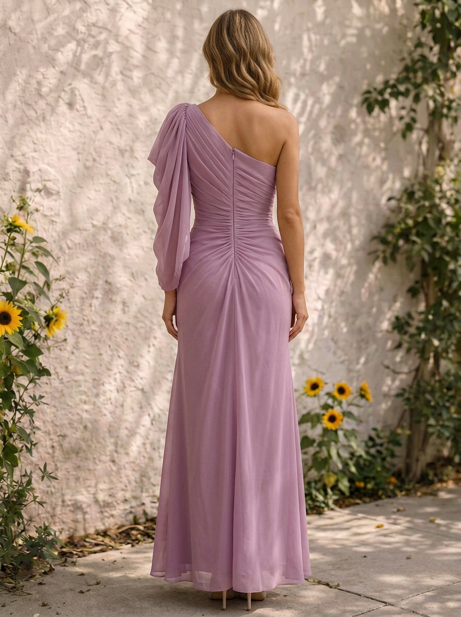 One-Shoulder Pleated Chiffon Evening Gown