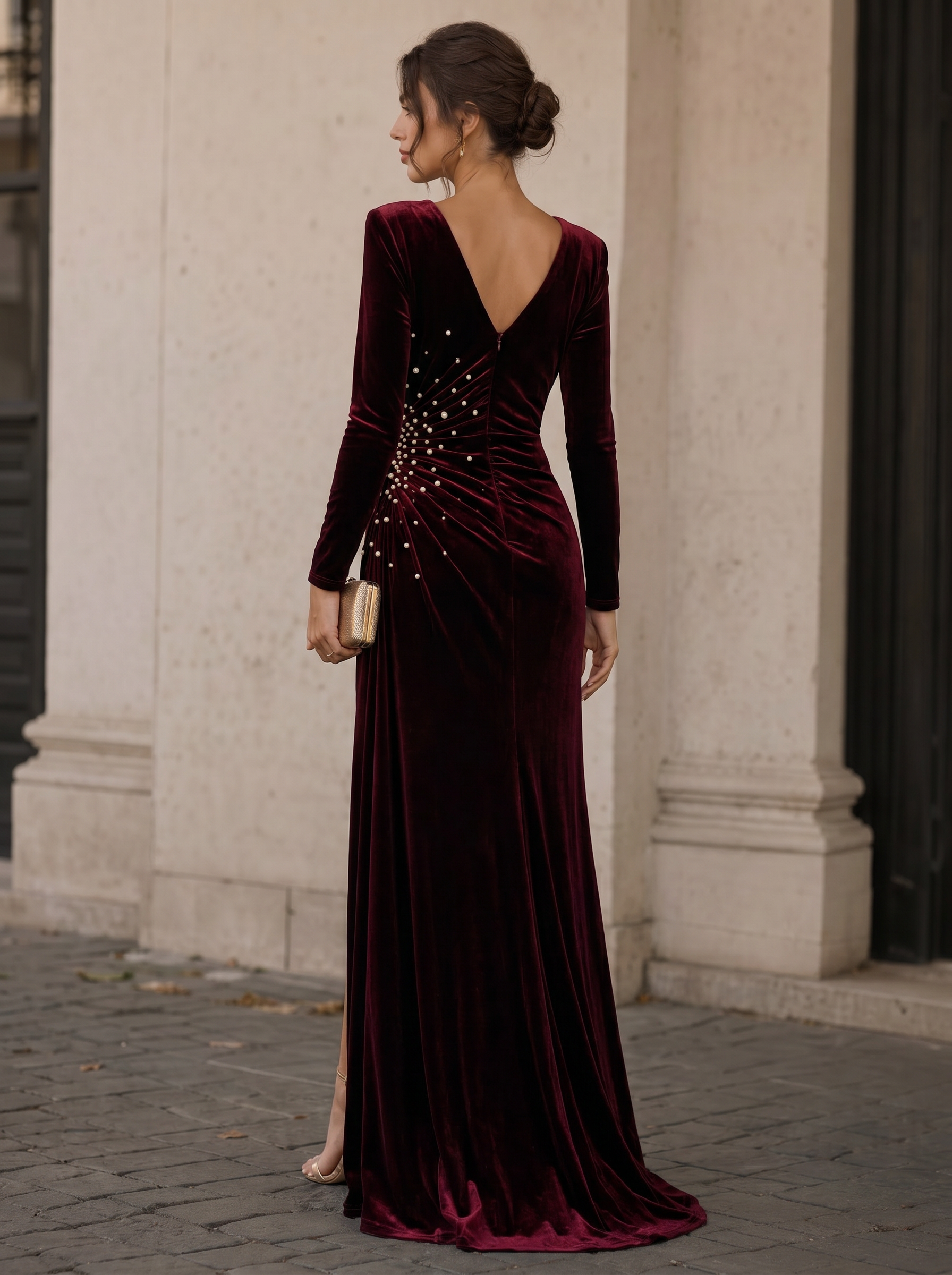 Velvet Pearl-Embellished Long-Sleeve Gown