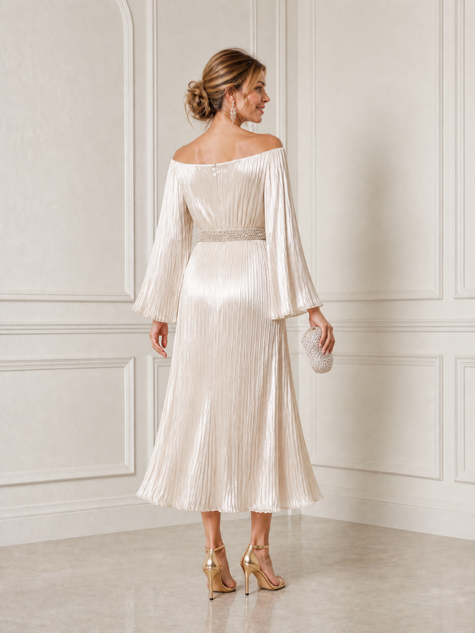 Elegant Off-Shoulder Pleated Metallic Midi Dress