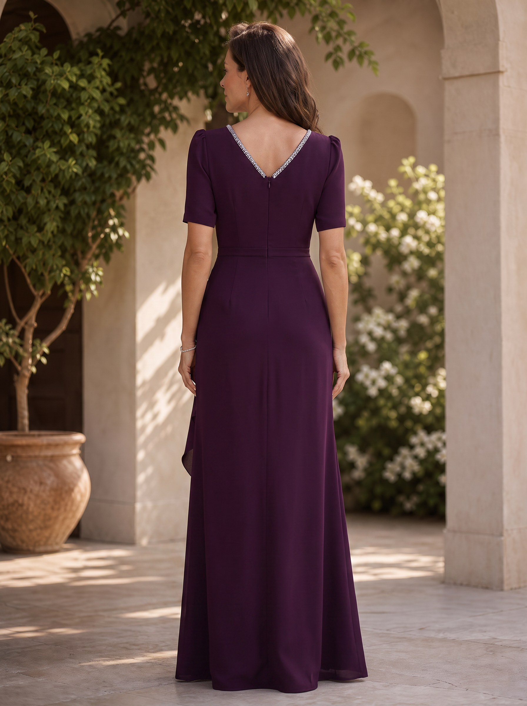 Elegant V-Neck Crystal-Embellished Short-Sleeve Evening Gown