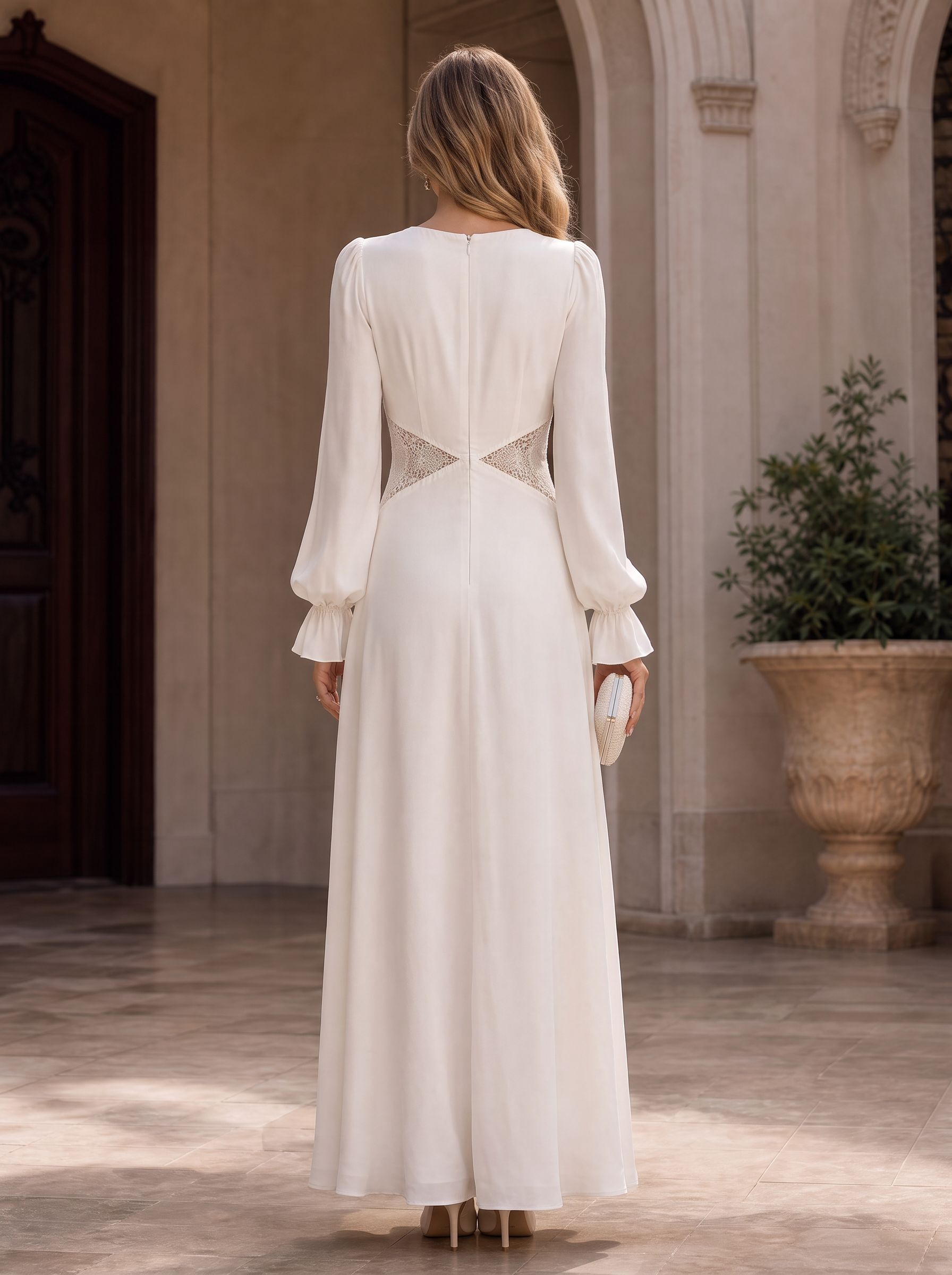 Elegant V-Neck Long-Sleeve Maxi Dress with Cut-Out Lace Side Details
