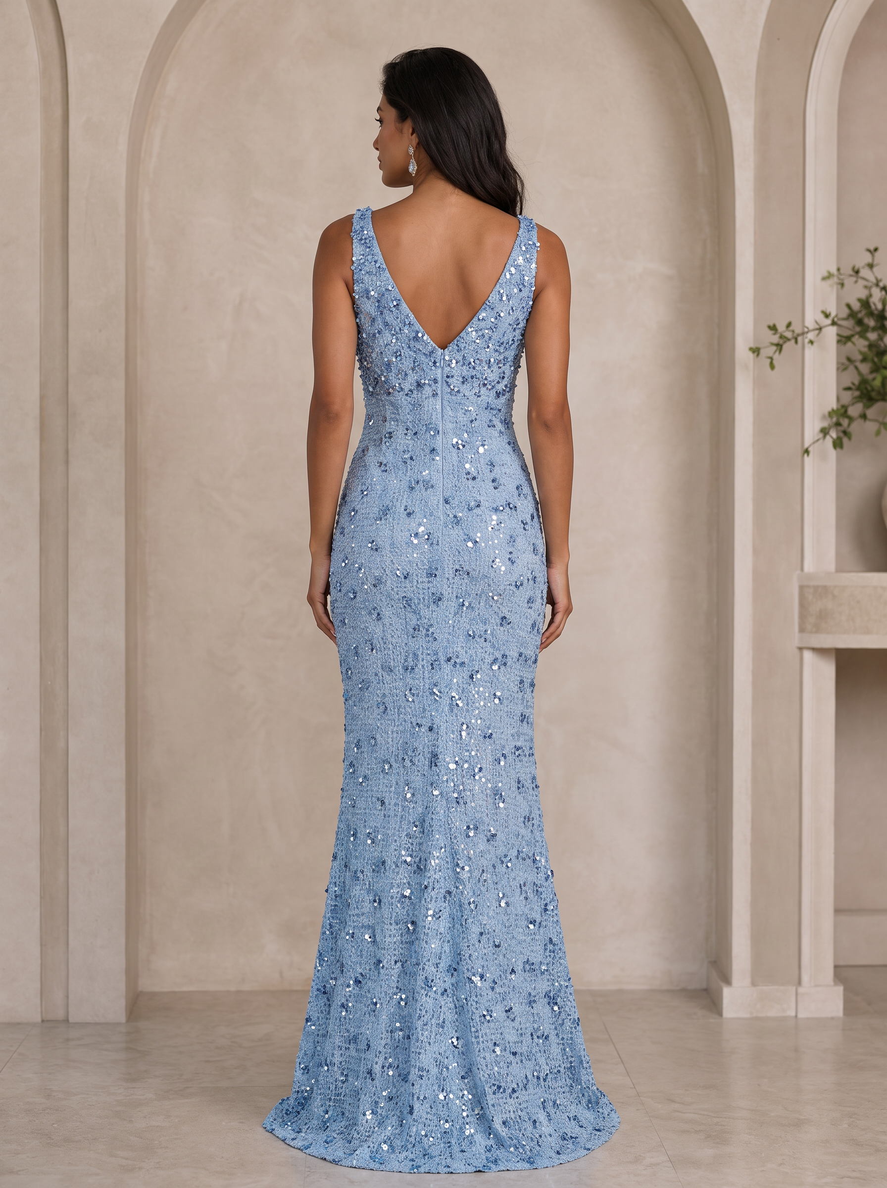 Shimmering V-Neck Sequin Mermaid Evening Gown with Bow Accent