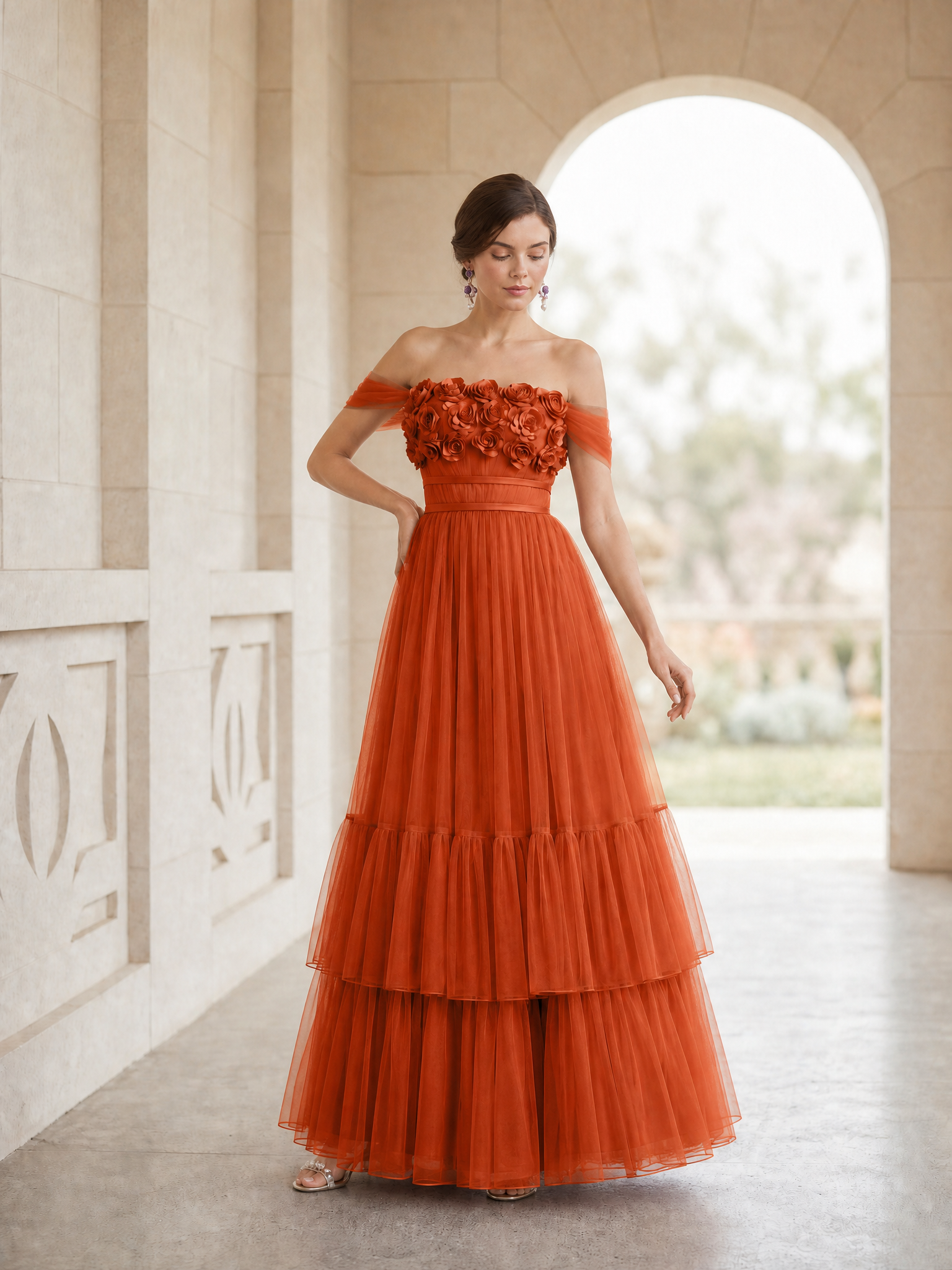 Floral Appliqué Off-the-Shoulder Tulle Gown