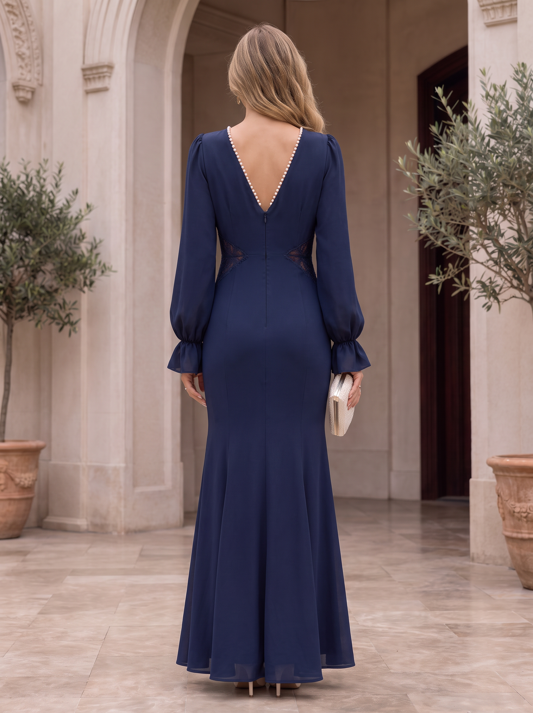Elegant V-Neck Long-Sleeve Maxi Dress with Cut-Out Lace Side Details