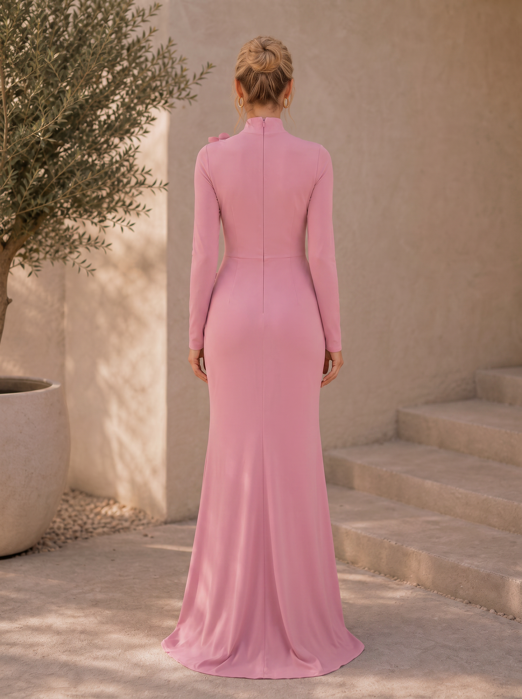 Mock Neck Long-Sleeve 3D Floral Applique Side-Slit Evening Gown