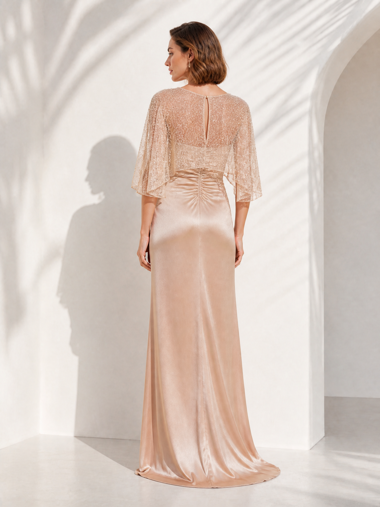 Beaded Capelet Satin Long Evening Gown