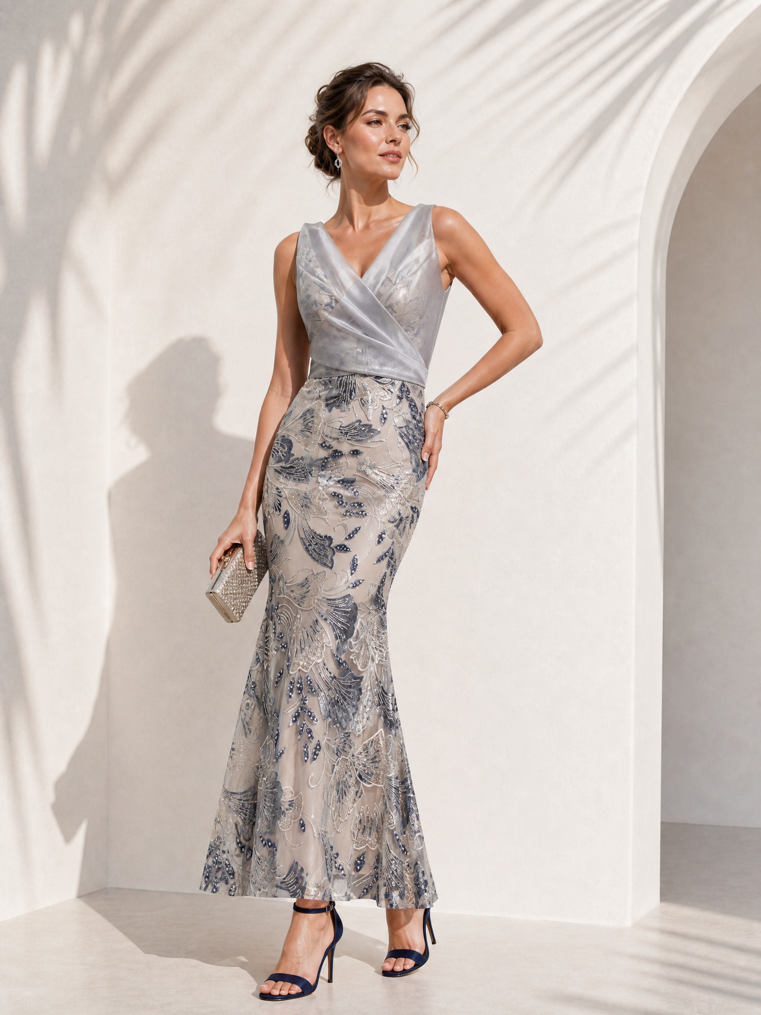 V-Neck Sleeveless Floral Embroidered Mermaid Evening Gown