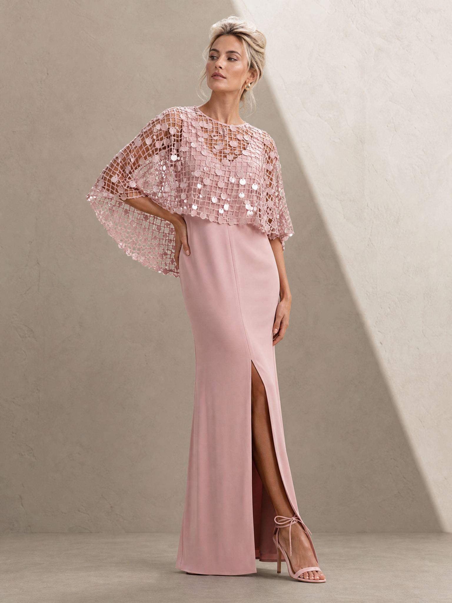 Sequin Capelet Overlay Slit Long Evening Gown