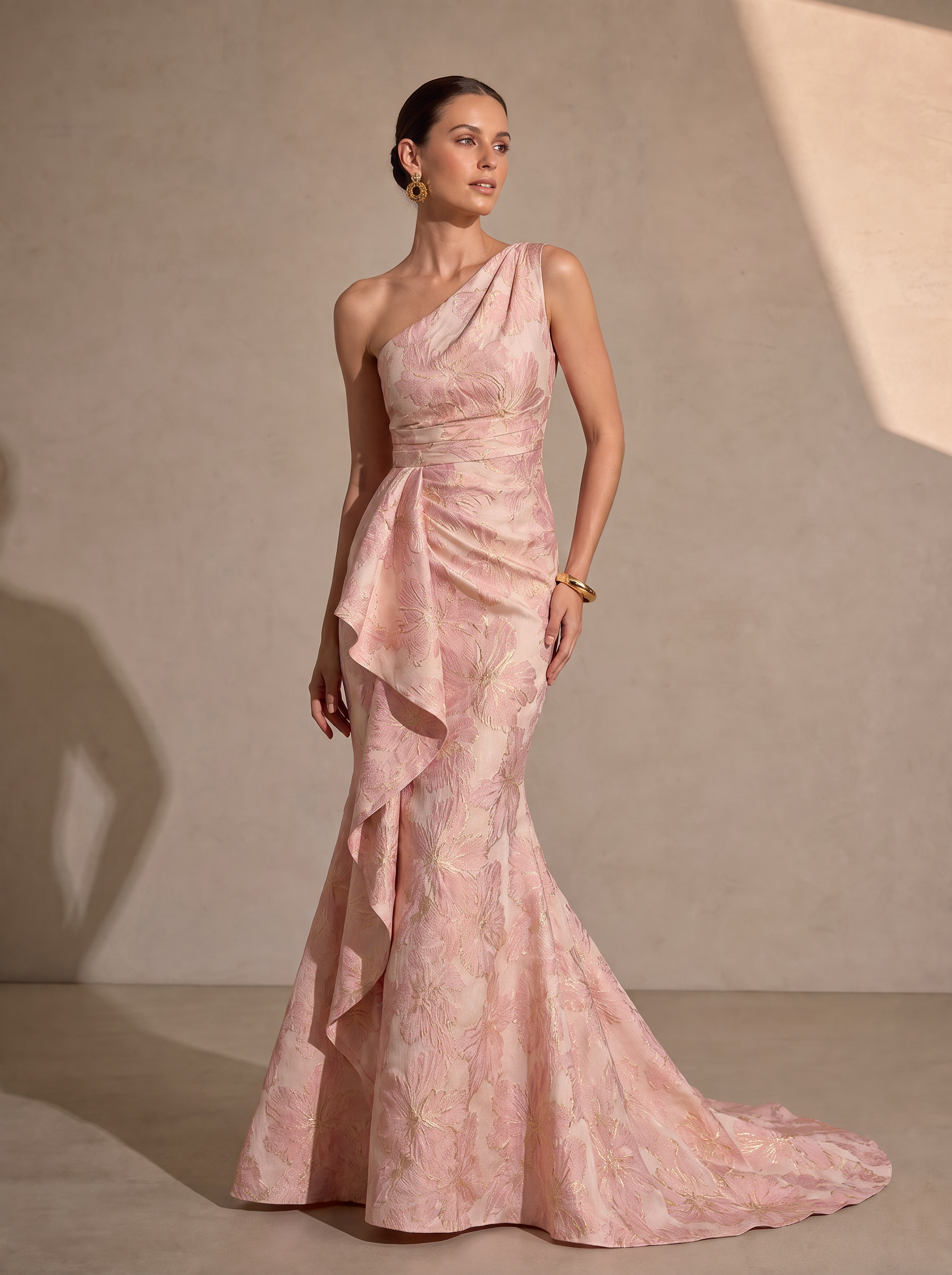 One-Shoulder Ruffle Metallic Brocade Mermaid Evening Gown
